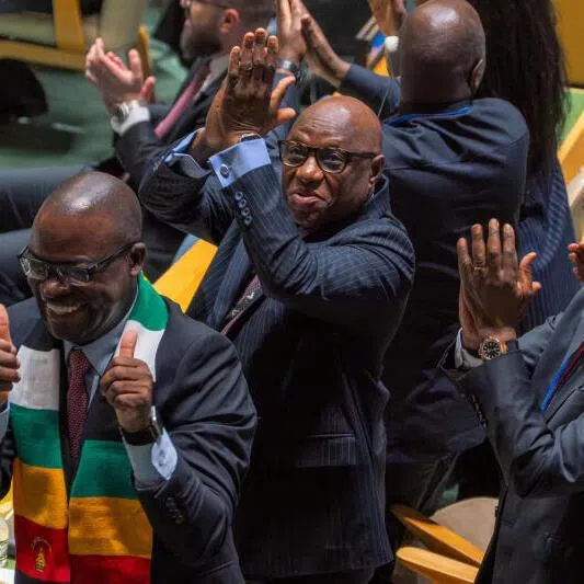 Zimbabwe's Foreign Minister Amon Murwira and his delegation celebrate after winning a seat as a non-premanent member of the UN Security Council on June 3, 2026.