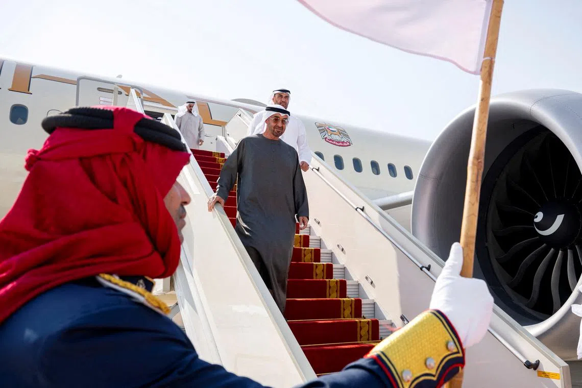 FILE PHOTO: Sheikh Mohamed bin Zayed Al Nahyan, President of the United Arab Emirates arrives at Sakhir Air Base, in Manama, Bahrain, September 10, 2025. Mohamed Al Hammadi/UAE Presidential Court/Handout via REUTERS