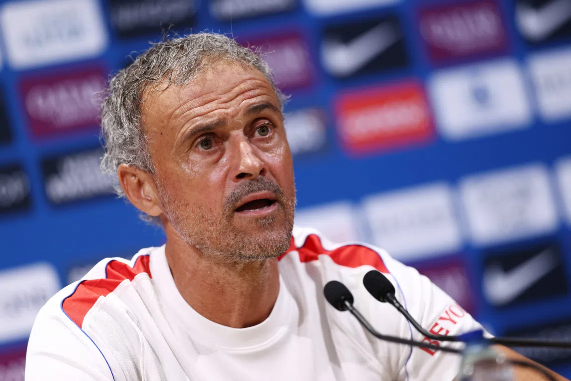 Soccer Football - Trophee des Champions - Paris St Germain Press Conference - Campus Paris St Germain, Poissy, France - August 15, 2026 Paris Saint Germain coach Luis Enrique during the press conference REUTERS/Tom Nicholson