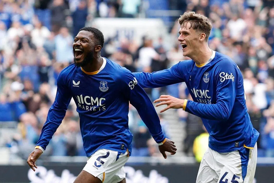 Ainsley Maitland-Niles (left) celebrates scoring Everton’s late equaliser with Harrison Armstrong in the 2-2 English Premier League draw against Manchester United at the Hill Dickinson Stadium in Liverpool on Sept 6, 2026.