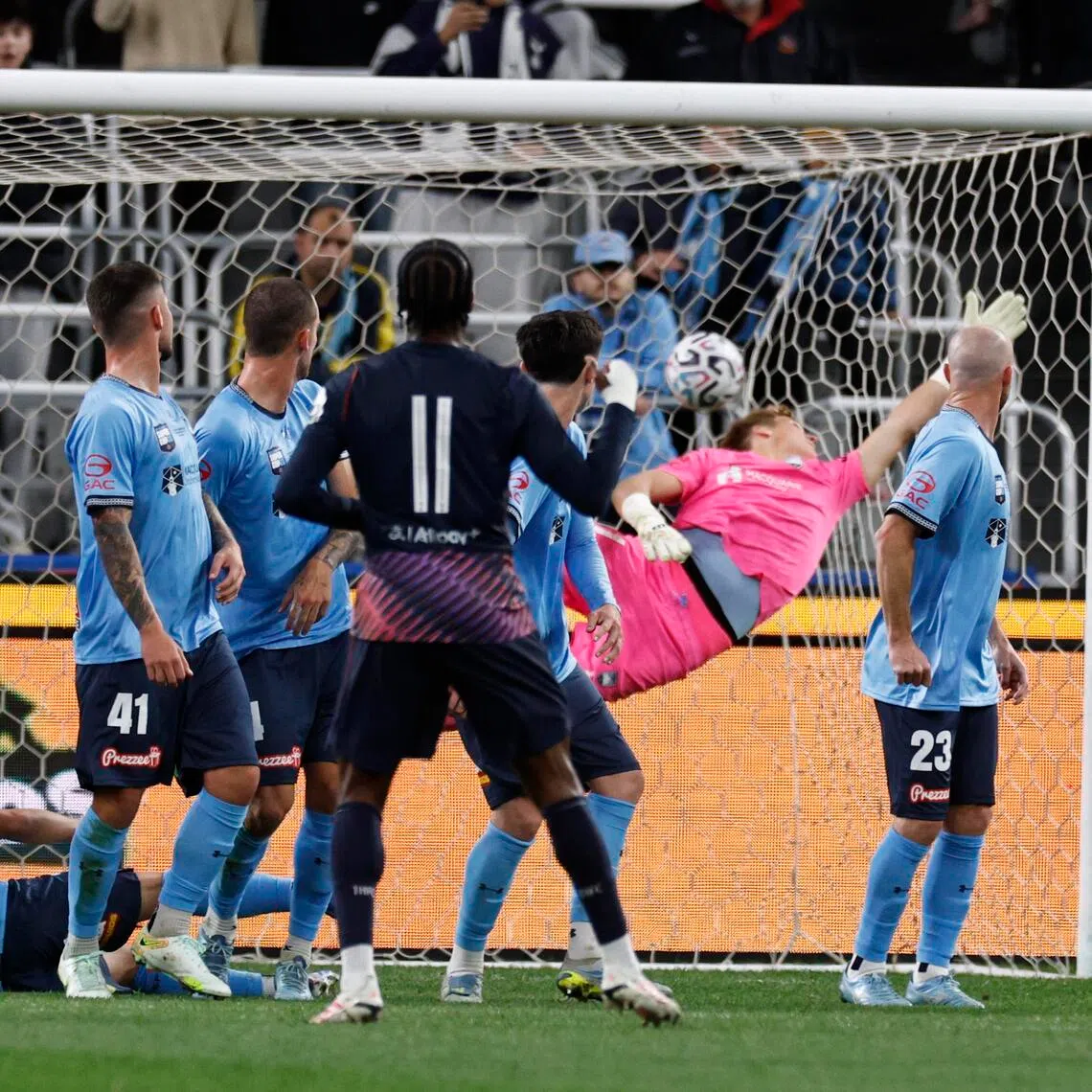 Mathys Tel (No. 11) of Tottenham Hotspur scoring a free kick during the 1-1 draw with Sydney FC at Sydney Football Stadium in Sydney, Australia, on July 29, 2026.