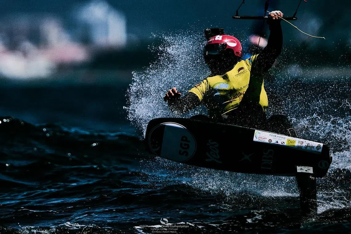 Singapore's Maximilian Maeder racing at the 2026 Formula Kite World Championships in Portugal.