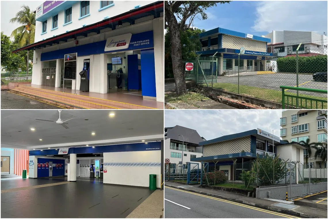 (Clockwise from top left) Pasir Panjang Postal Office, Siglap Post Office, Lim Ah Pin Road Post Office and Whampoa Post Office.