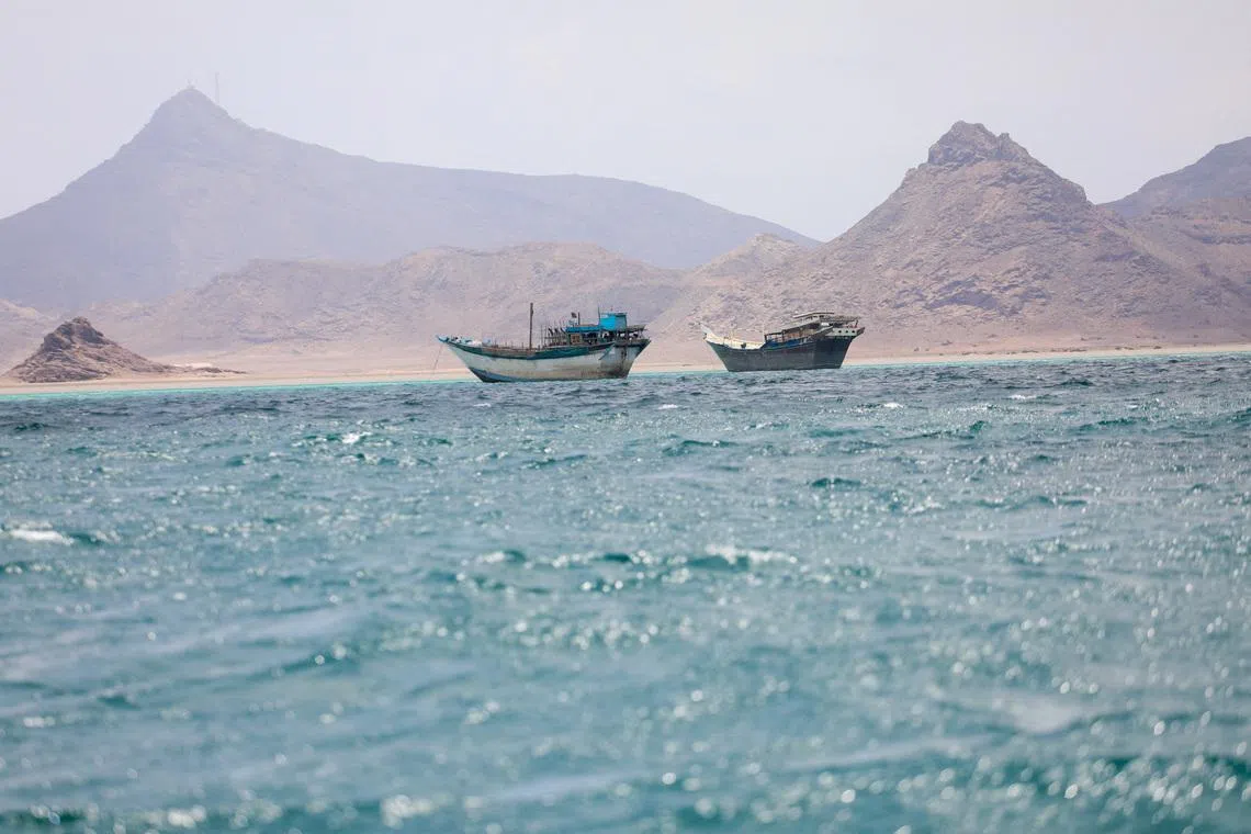 Boats float near the coast of Bab el-Mandeb, Yemen, April 2.