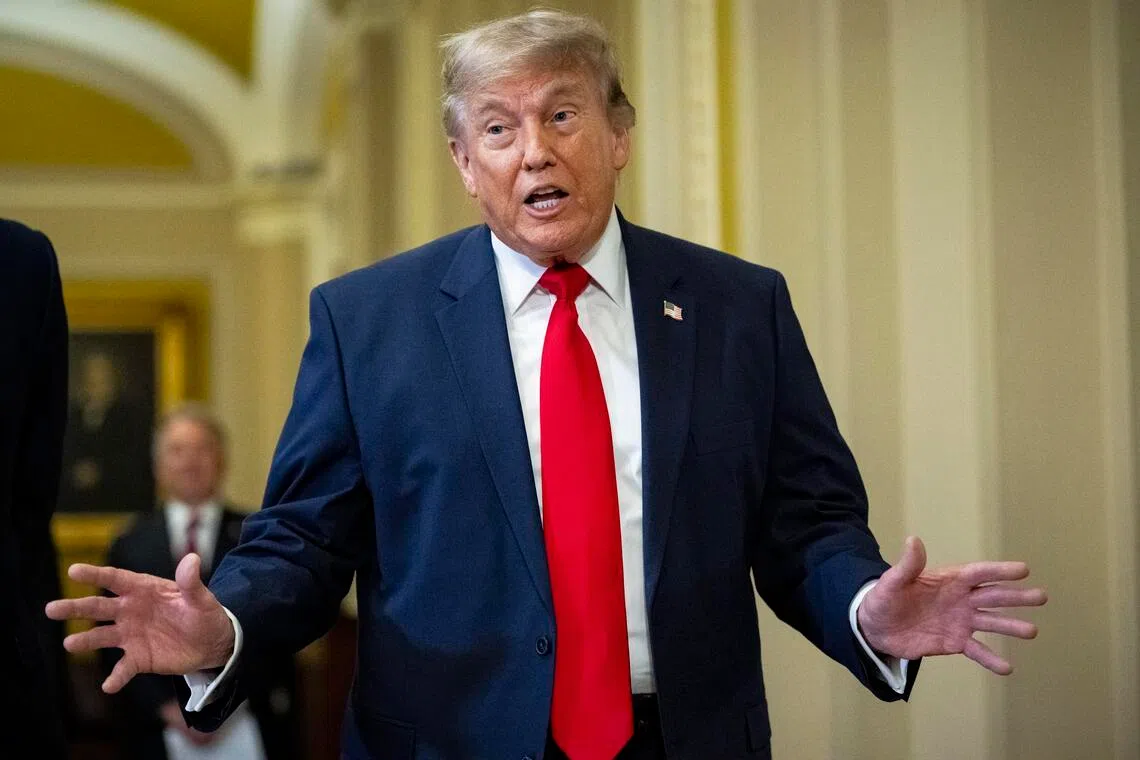 epa13061504 US President Donald J. Trump speaks as he arrives for a Senate Republican luncheon meeting, at the US Capitol in Washington, DC, USA, 24 June 2026. Before attending the meeting with Senate Republicans, President Trump abruptly cancelled a signing ceremony for a housing bill and instead demanded passage of a separate bill to tighten voter registration rules.  EPA/GRAEME SLOAN