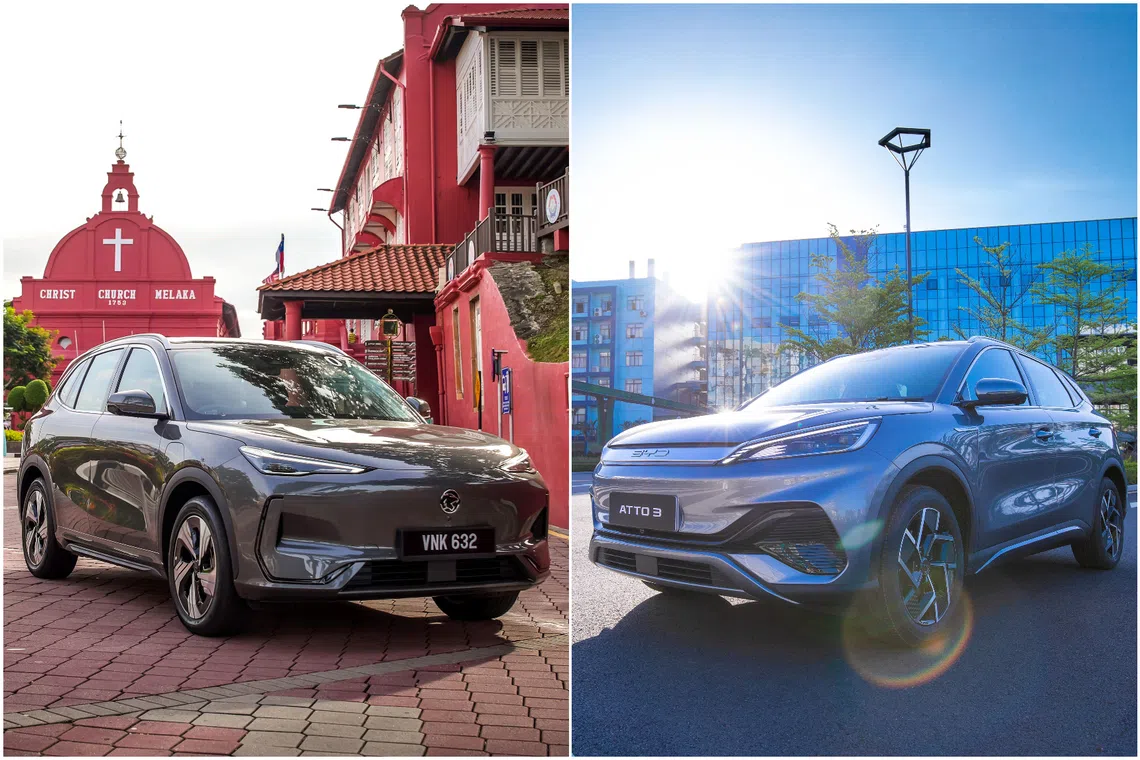 The Proton e.MAS 7 (left), Malaysia's best-selling EV in the first three quarters of 2025, and Chinese carmaker BYD's Atto 3, the closest rival to the e.MAS 7.