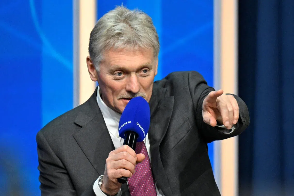 Kremlin spokesman Dmitry Peskov gestures during Russian President Vladimir Putin's annual end-of-year press conference in Moscow, Russia December 19, 2025. Alexander Nemenov/Pool via REUTERS/File Photo