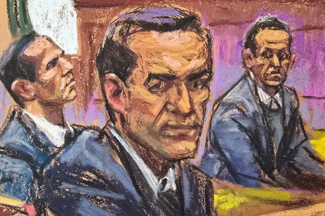 High profile real estate agent brothers Alon Alexander, Oren Alexander and Tal Alexander listen to closing arguments during their federal sex trafficking trial in New York City, U.S. March 4, 2026 in a courtroom sketch. REUTERS/Jane Rosenberg