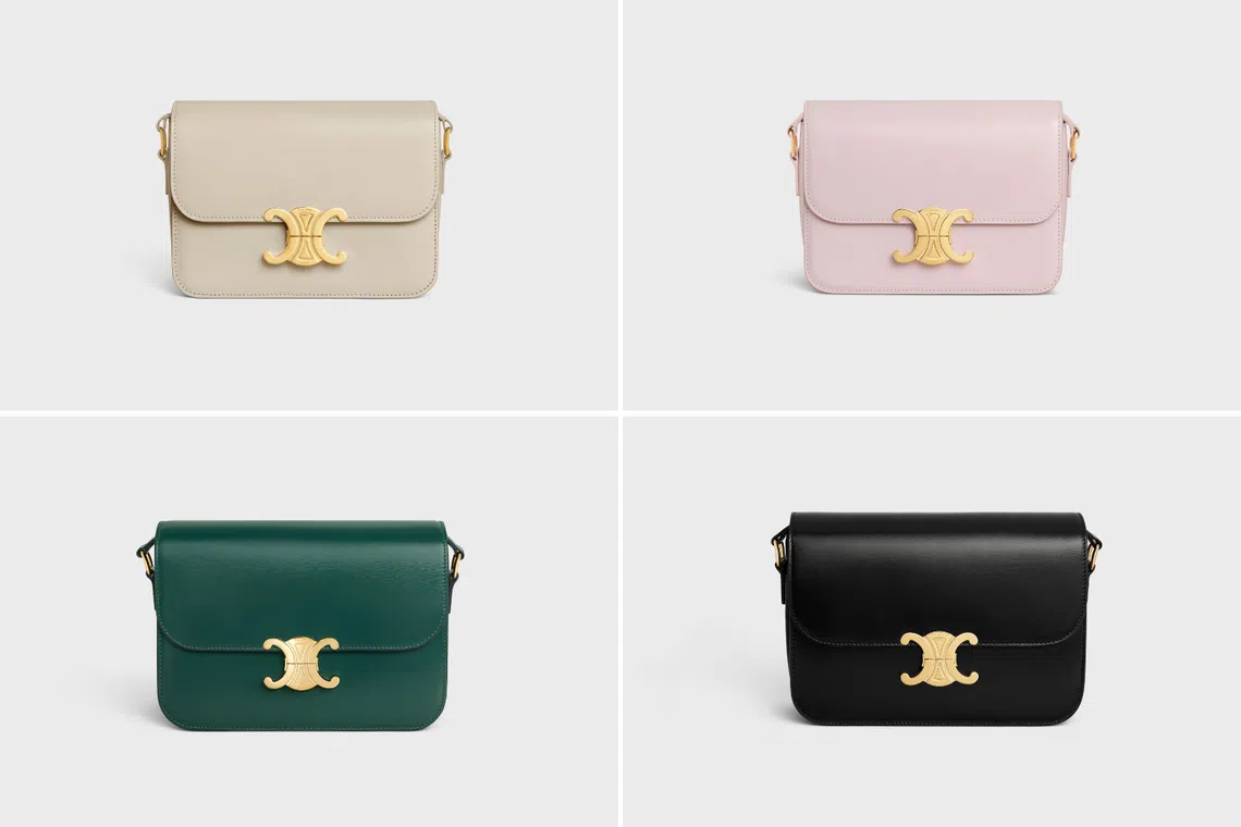 celine triomphe bags in black, pink, green and beige