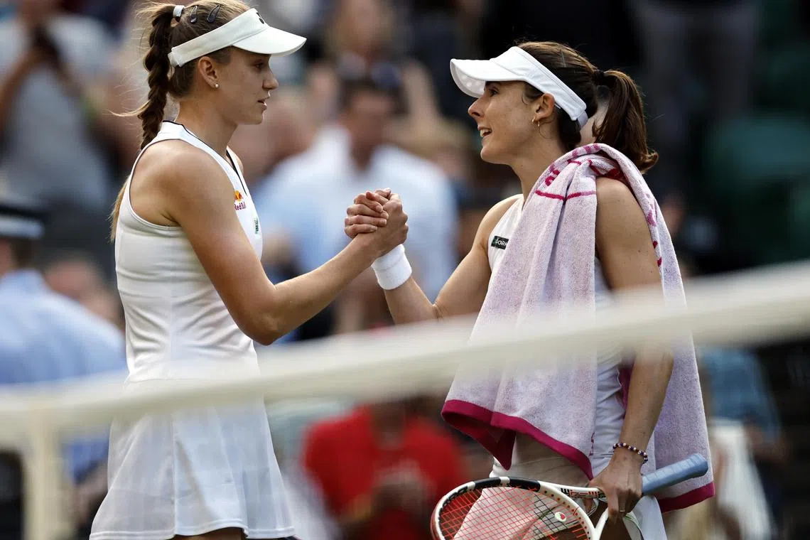 Kazakhstan's Elena Rybakina (left) shakes hands with Alize Cornet of France, after their match.