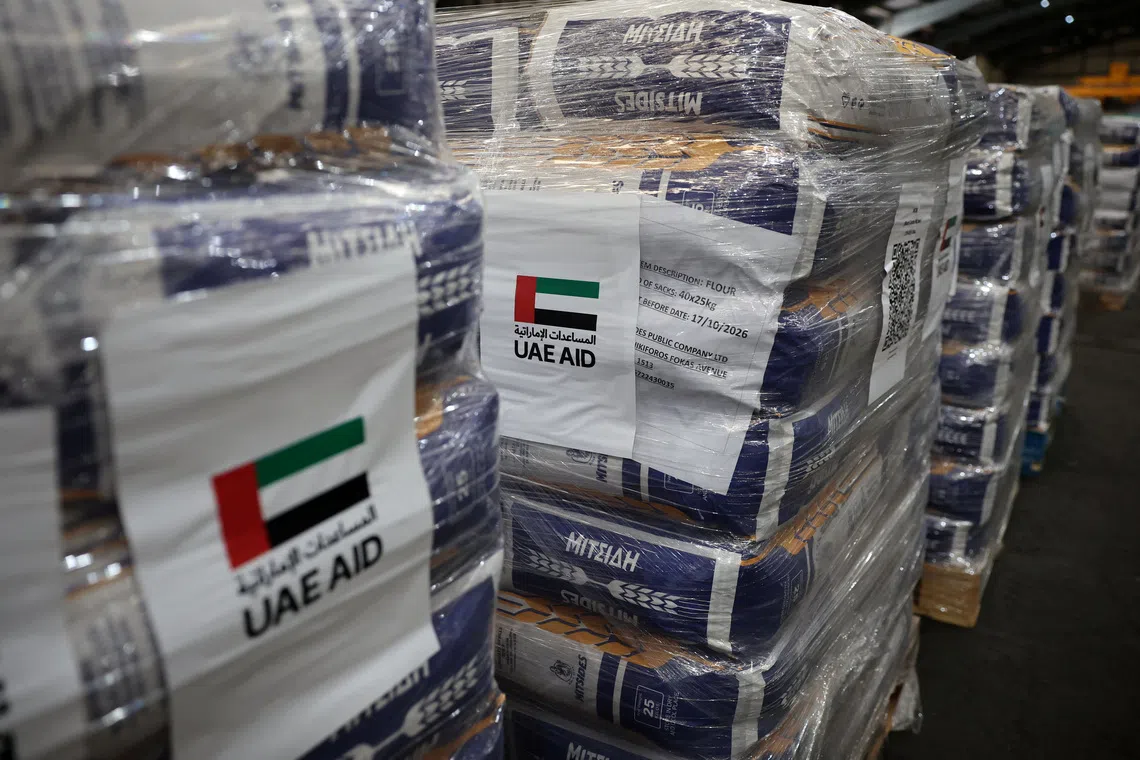 Aid donated by the UAE for the people of Gaza is stored in a warehouse at the port of Limassol, Cyprus November 7, 2025. REUTERS/Yiannis Kourtoglou
