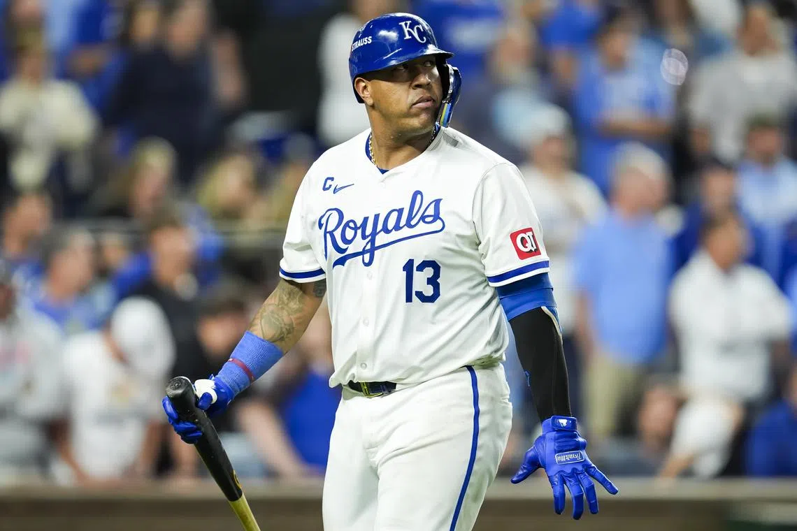 FILE PHOTO: Oct 10, 2024; Kansas City, Missouri, USA; Kansas City Royals catcher Salvador Perez (13) reacts after striking out during the ninth inning against the New York Yankees in game four of the ALDS for the 2024 MLB Playoffs at Kauffman Stadium. Mandatory Credit: Jay Biggerstaff-Imagn Images/File Photo