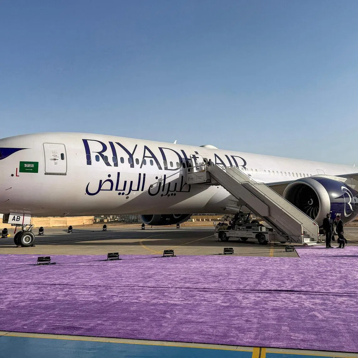 A London-bound Boeing 787 Dreamliner in Riyadh Air’s white and lavender livery took off at 2.30am.