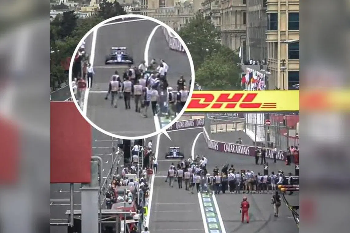 Sky Sports television commentators called the scenes, with a throng of people already in the pitlane as the car arrived, “an absolute shambles”.