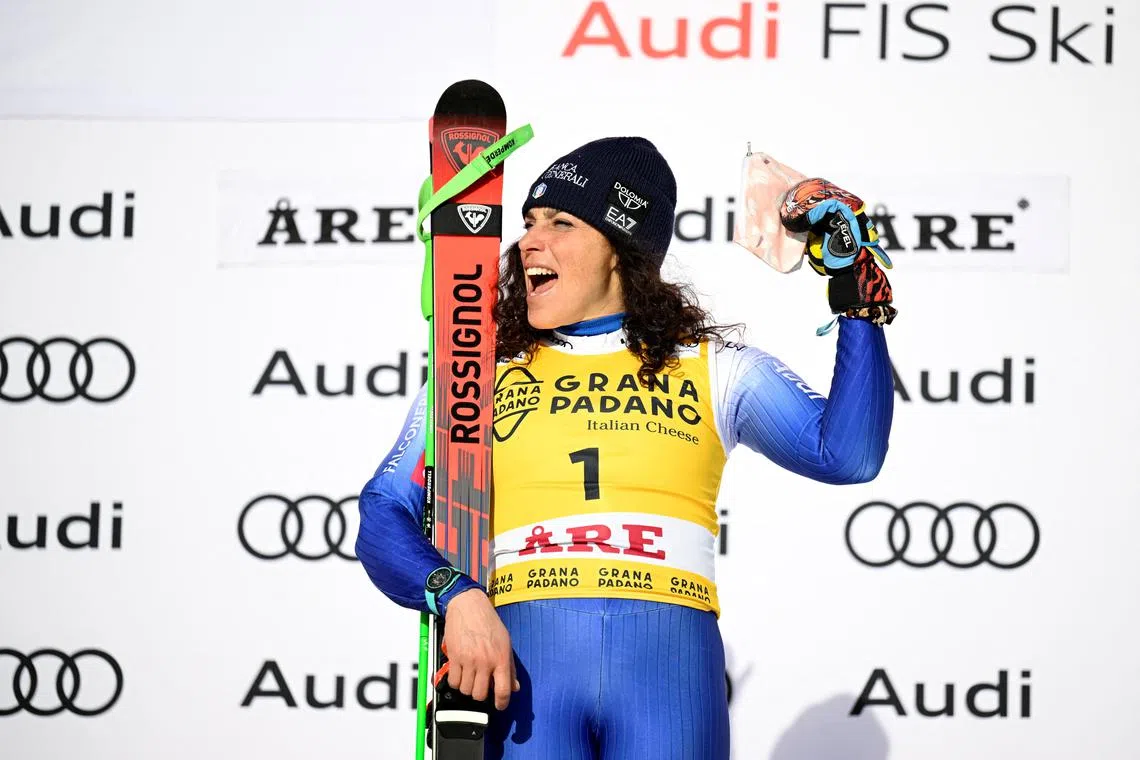 FILE PHOTO: Alpine Skiing - FIS Alpine Ski World Cup - Women's Giant Slalom - Are, Sweden - March 8, 2025 Italy's Federica Brignone celebrates winning the women's giant slalom   Pontus Lundahl/TT News Agency via REUTERS/File Photo