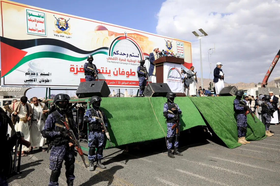 Houthi soldiers during a protest against the US and Israel, and in solidarity with the Palestinian people, in Sana'a, Yemen, on March 15.