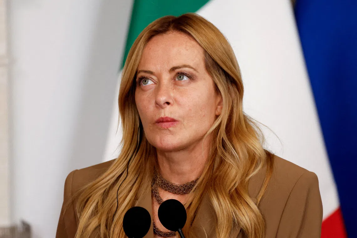 FILE PHOTO: Italian Prime Minister Giorgia Meloni looks on, as she and Belgian Prime Minister Bart De Wever deliver joint statements following their meeting at Palazzo Chigi in Rome, Italy, September 7, 2026. REUTERS/Remo Casilli/File Photo