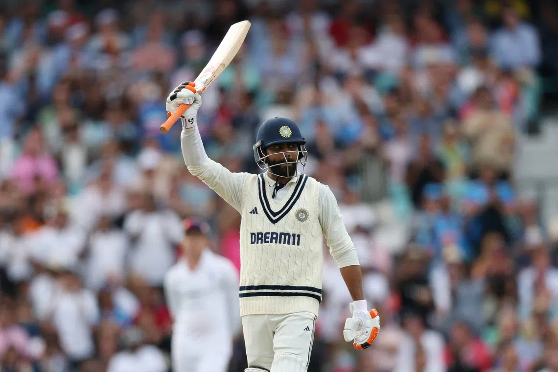Cricket - International Test Match Series - Fifth Test - England v India - Kia Oval, London, Britain - August 2, 2025 India's Ravindra Jadeja celebrates after reaching his half century