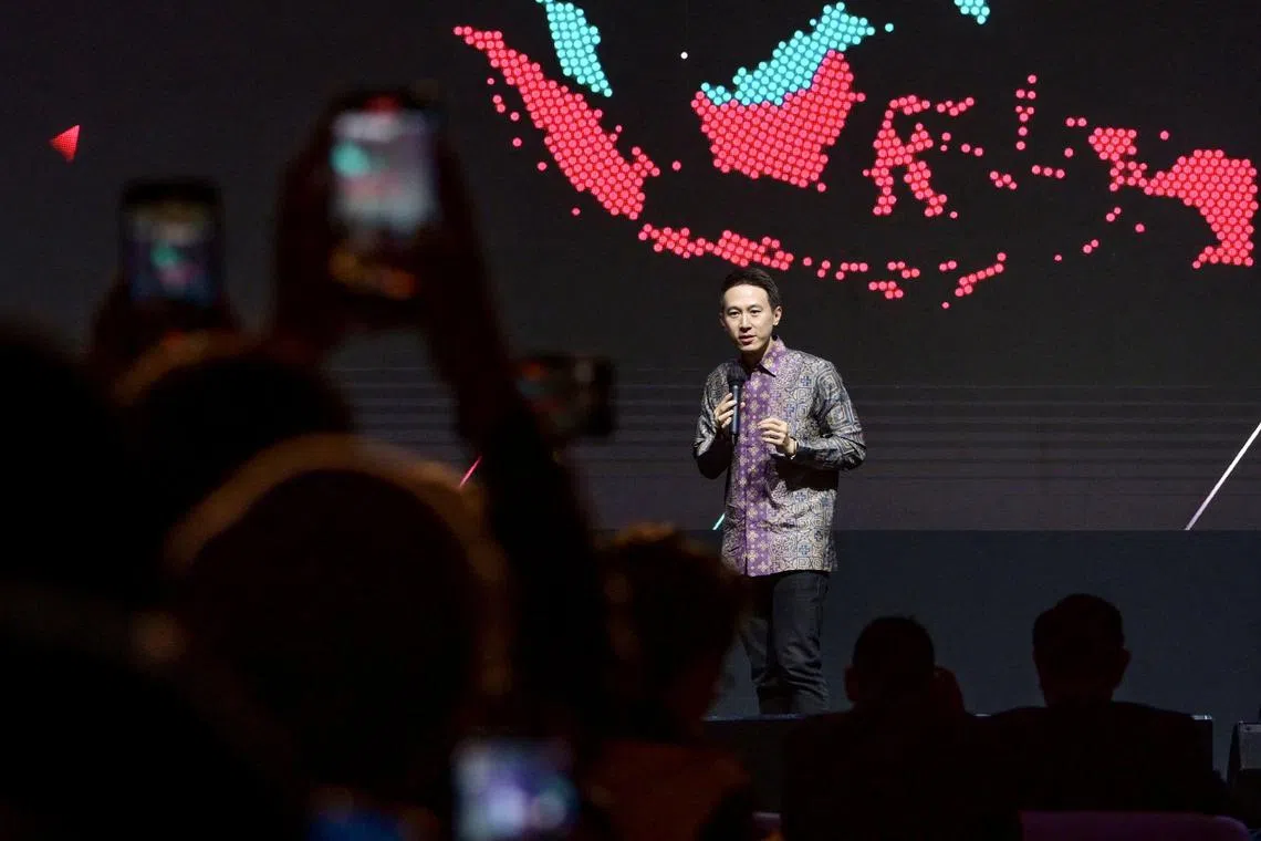 TikTok chief executive Chew Shou Zi delivers his opening speech during the TikTok Southeast Asia Impact Forum 2023 in Jakarta on June 15.
