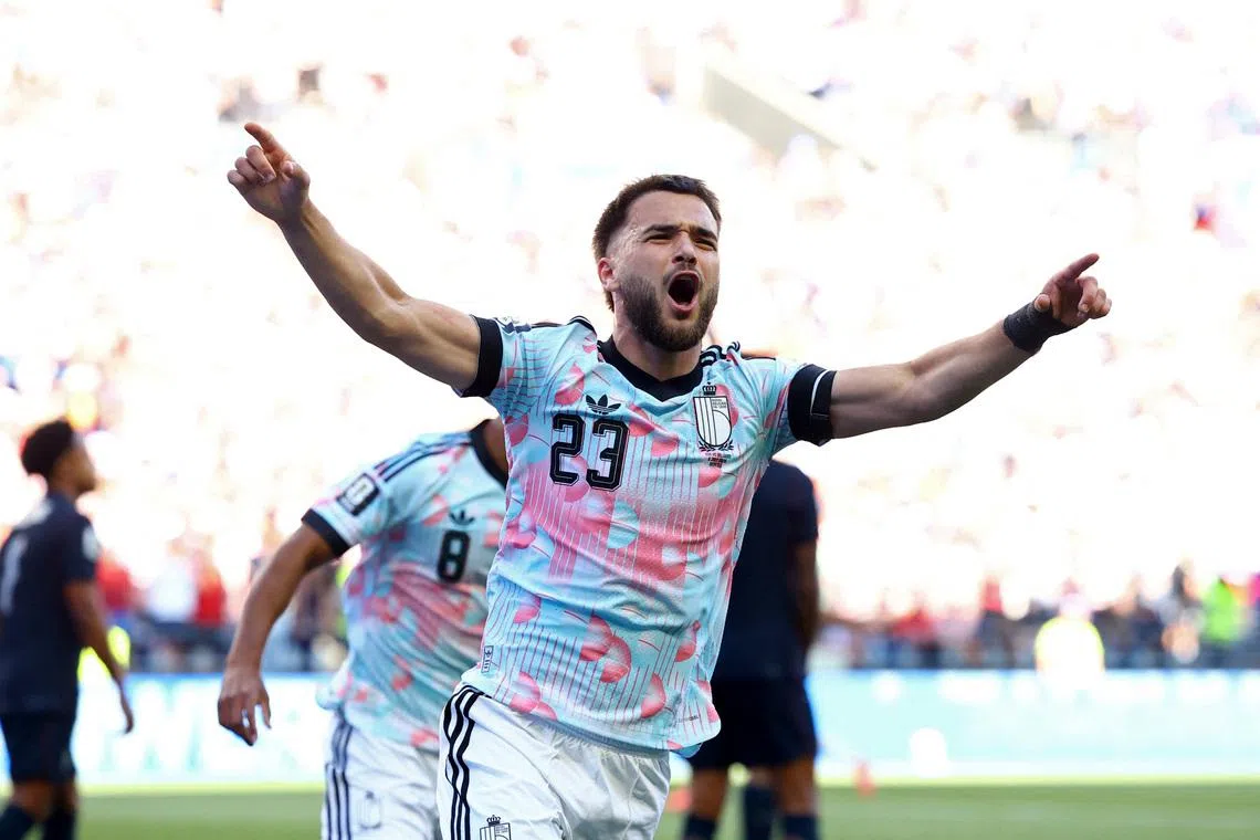Soccer Football - FIFA World Cup 2026 - Round of 16 - United States v Belgium - Seattle Stadium, Seattle, Washington, U.S. - July 6, 2026 Belgium's Nicolas Raskin celebrates after Charles De Ketelaere scores their first goal REUTERS/Albert Gea