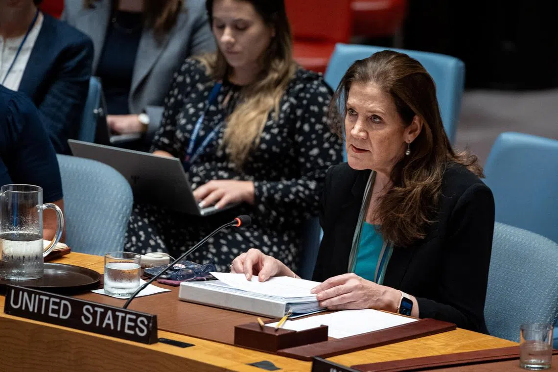 United States Ambassador to the United Nations Dorothy Shea addresses a meeting of the United Nations Security Council on the Israel and Palestinian conflict at U.N. Headquarters in New York City, U.S., August 27, 2025. REUTERS/Angelina Katsanis