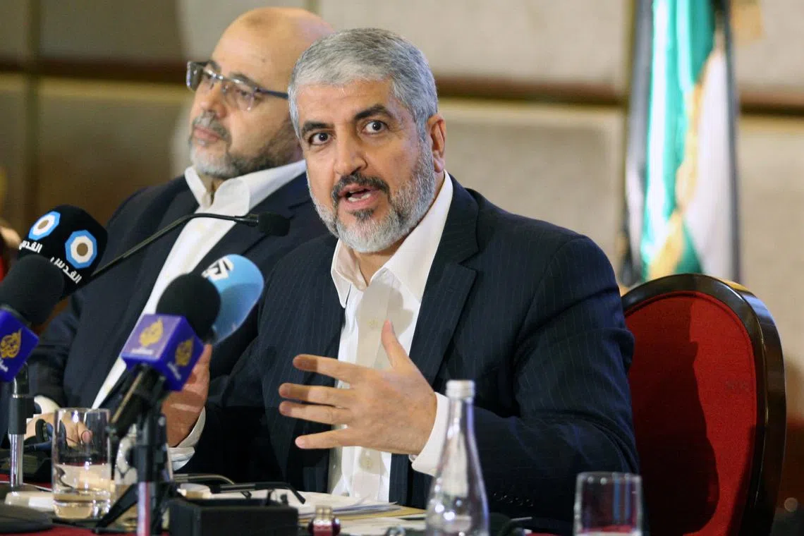 Hamas leader Khaled Meshaal gestures as he announces a new policy document in Doha, Qatar, May 1, 2017. REUTERS/Naseem Zeitoon/ File Photo