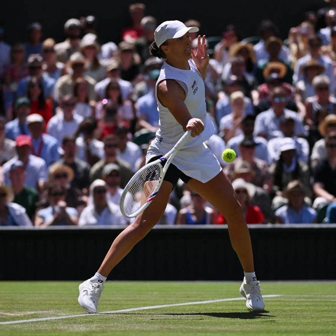 Tennis - Wimbledon - All England Lawn Tennis and Croquet Club, London, Britain - July 2, 2026 Poland's Iga Swiatek in action during her second round match against Czech Republic's Karolina Pliskova REUTERS/Jaimi Joy