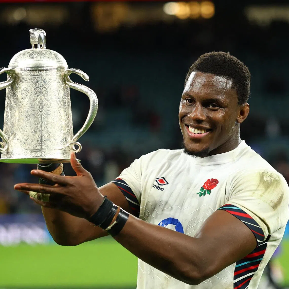 England's Maro Itoje with the Calcutta Cup after the Six Nations Championship clash with Scotland on Feb 22.