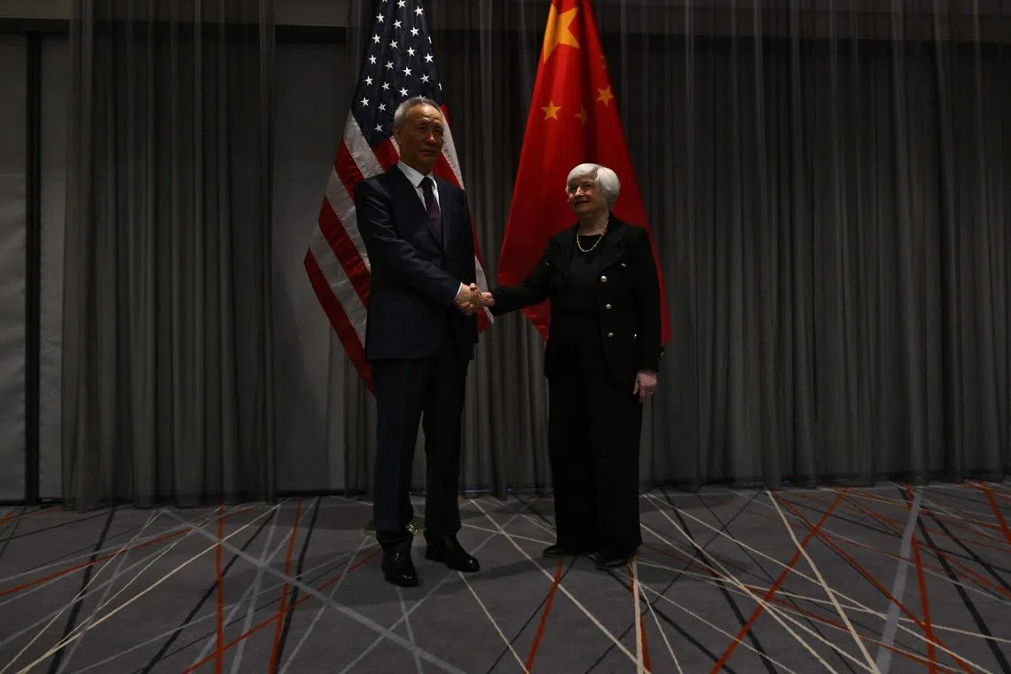 US Treasury Secretary Janet Yellen and Chinese Vice-Premier Liu He shake hands ahead of their meeting.