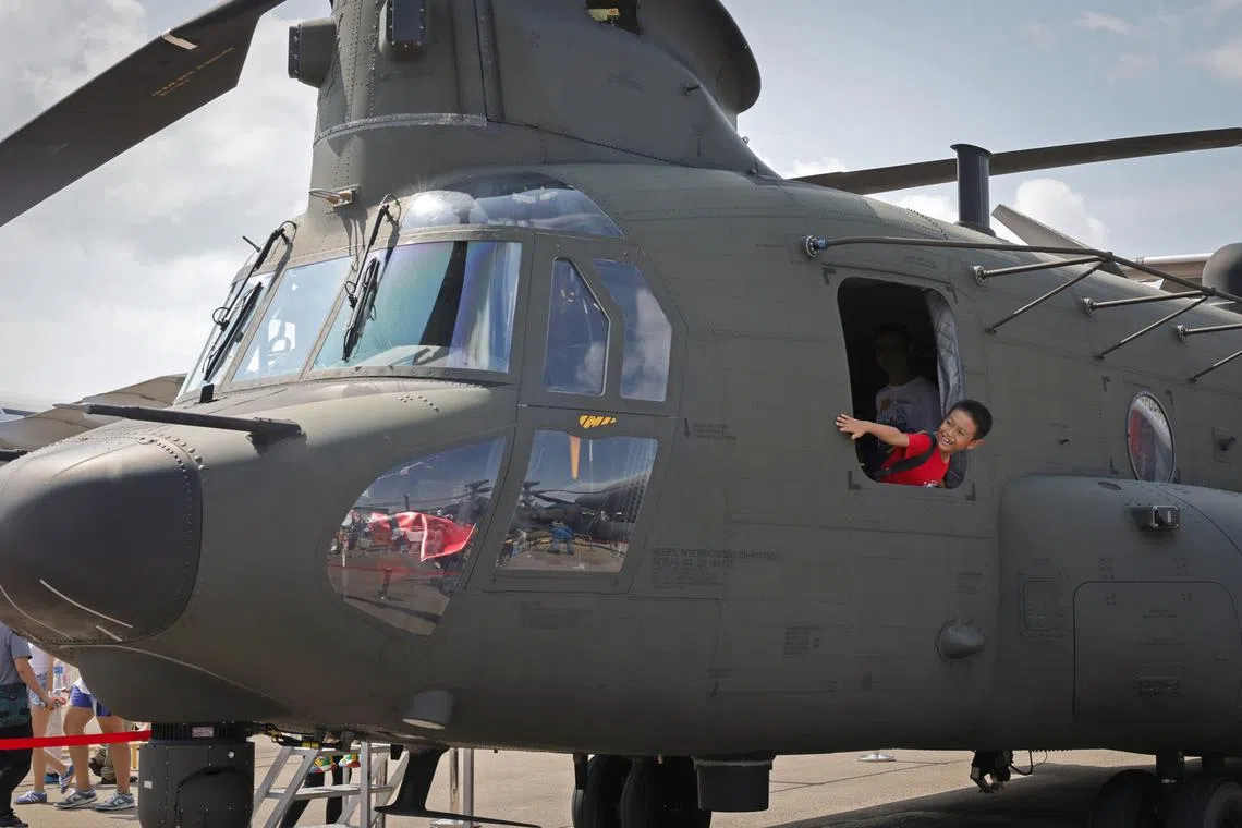 Jayden Yang, 7, said that he may have just found his new favorite aircraft, the CH-47F Chinook helicopter, after exploring its interior on Feb 24, the first public day of the Singapore Airshow. 