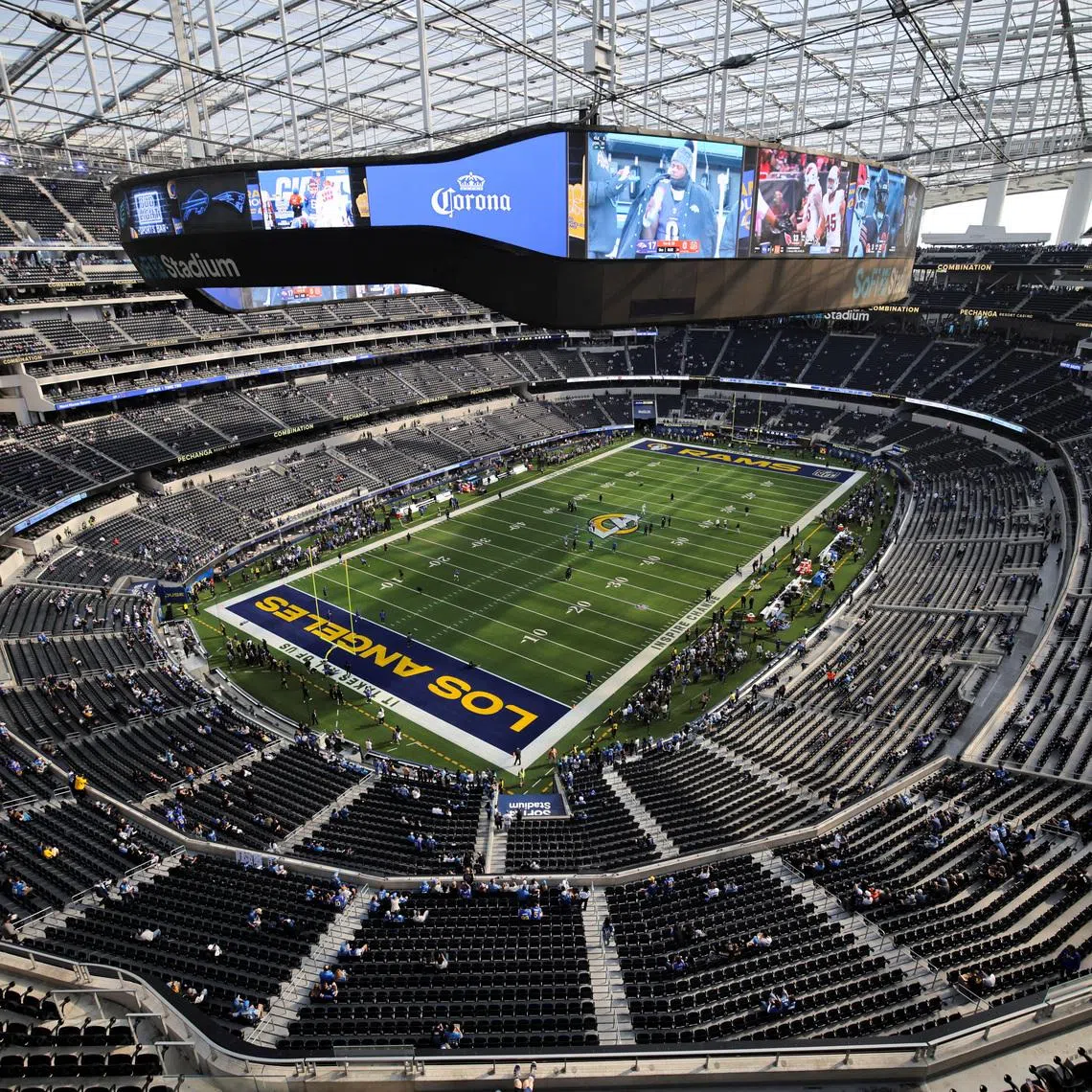 FILE PHOTO: A view of the field at SoFi Stadium before a Los Angeles Rams game in Inglewood, California, U.S. December 14, 2025. REUTERS/Daniel Cole/File Photo