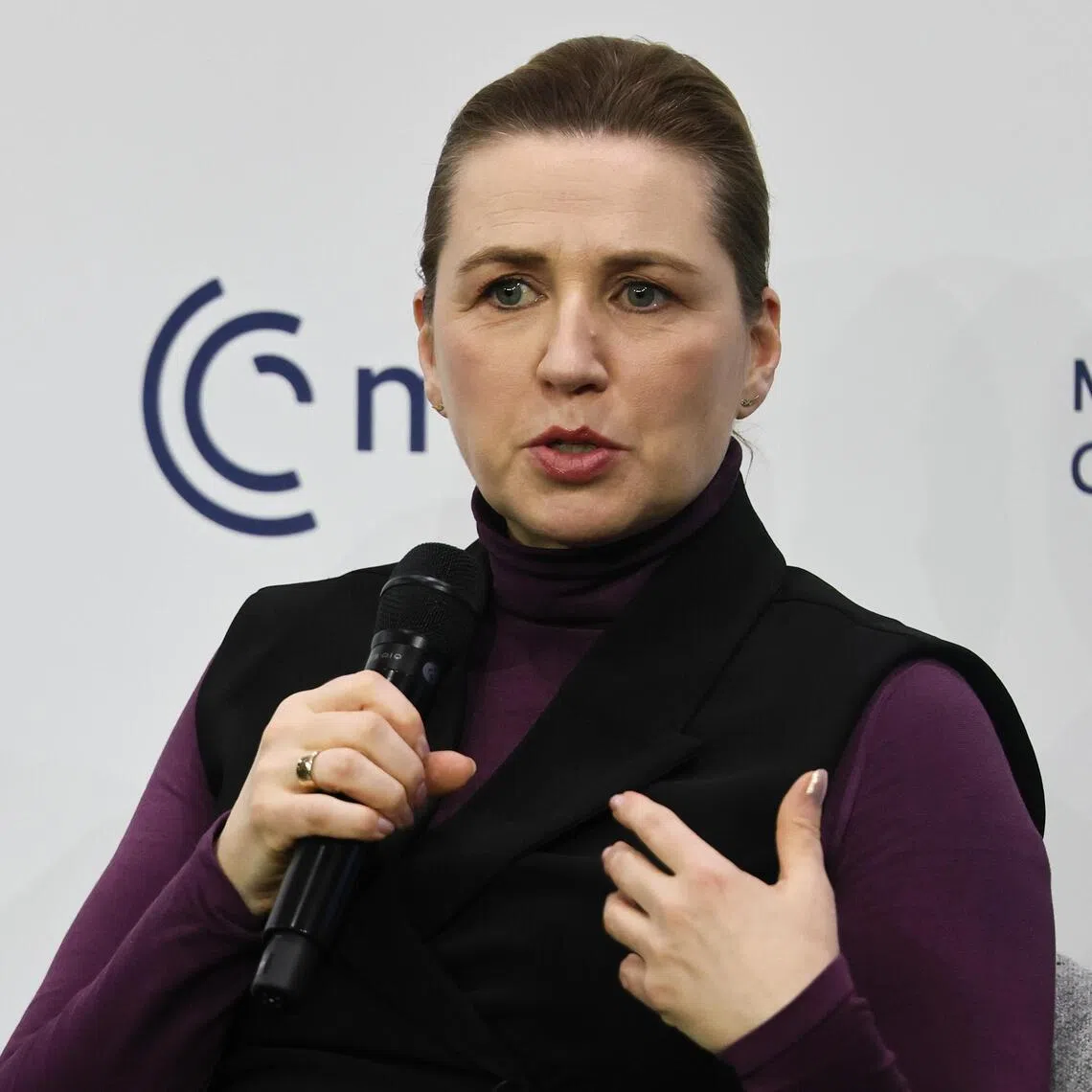 Danish Prime Minister Mette Frederiksen speaking at the Munich Security Conference in Germany on Feb 14.