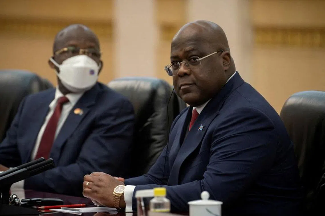 FILE PHOTO: Democratic Republic of Congo's President Felix Tshisekedi attends talks with Chinese Premier Li Qiang at the Great Hall of the People in Beijing, China May 26, 2023. REUTERS/Thomas Peter/Pool/File Photo