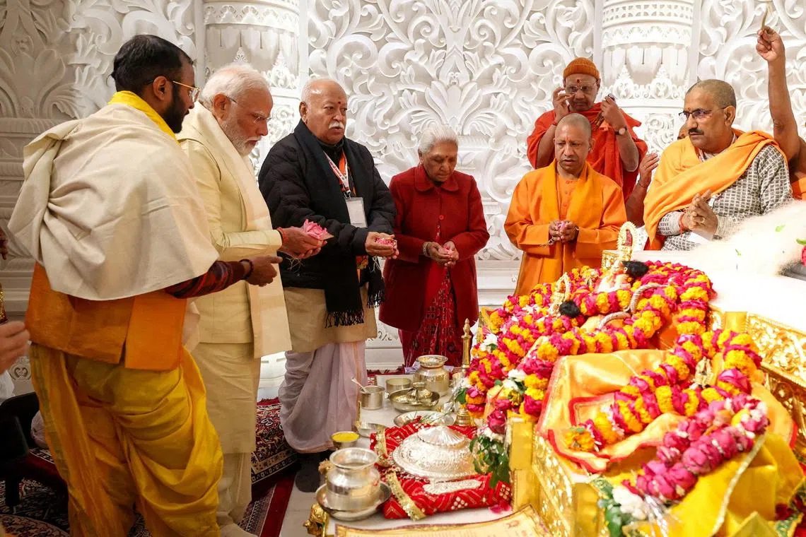 FILE PHOTO: India's Prime Minister Narendra Modi attends the opening of a grand temple to the Hindu God-king Ram in Ayodhya, India, January 22, 2024. India's Press Information Bureau/Handout via REUTERS/File Photo    THIS IMAGE HAS BEEN SUPPLIED BY A THIRD PARTY.