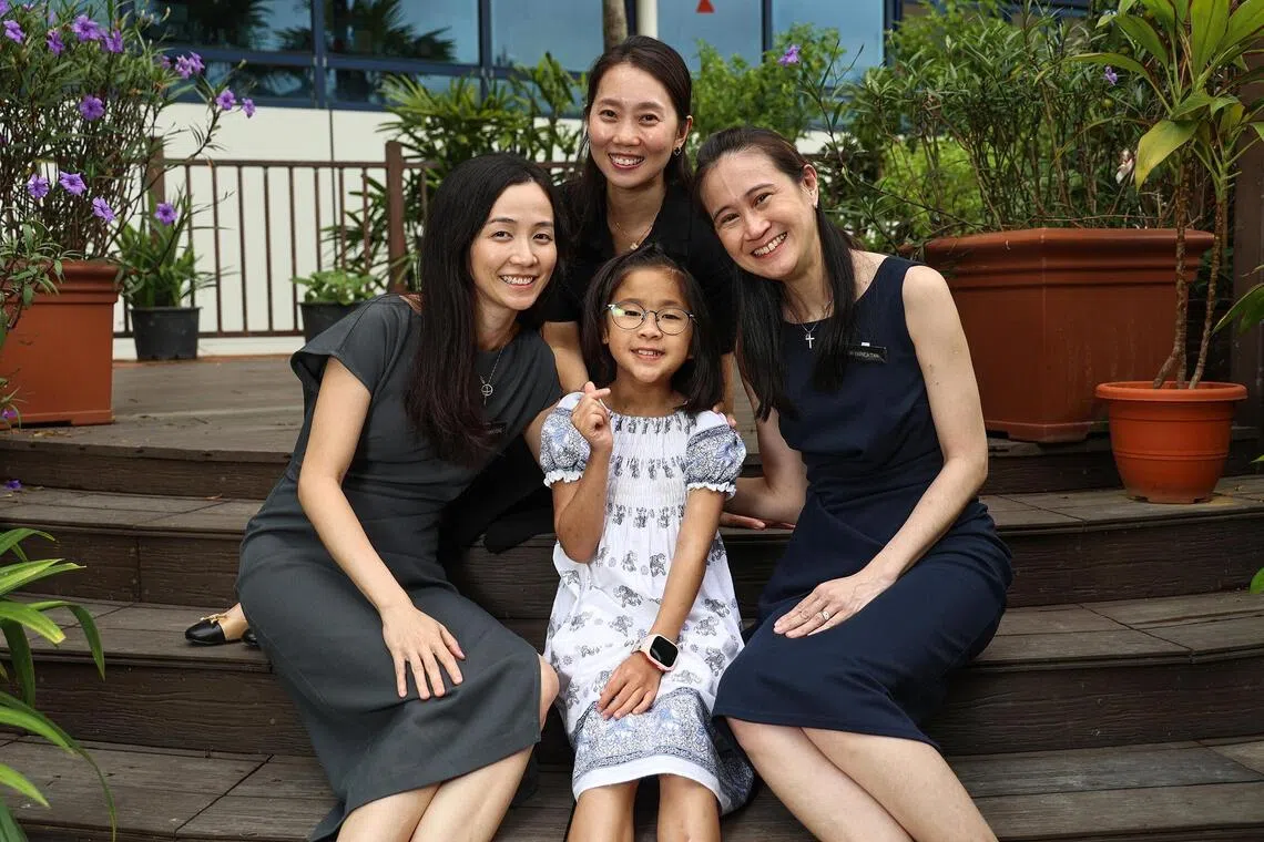 Phoebe Hu with her doctors (left to right) Dr Nikki Fong, Dr Valerie Ho and Dr Enrica Tan at KK Women’s and Children’s Hospital on Oct 21.