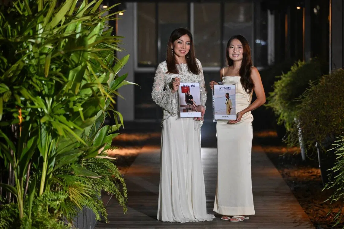 Ms Tan Su Shan (left), CEO of DBS Group, was named Her World Woman of the Year 2026, and Ms Kong Man Jing, co-founder of Just Keep Thinking, was named Her World Young Woman Achiever 2026.