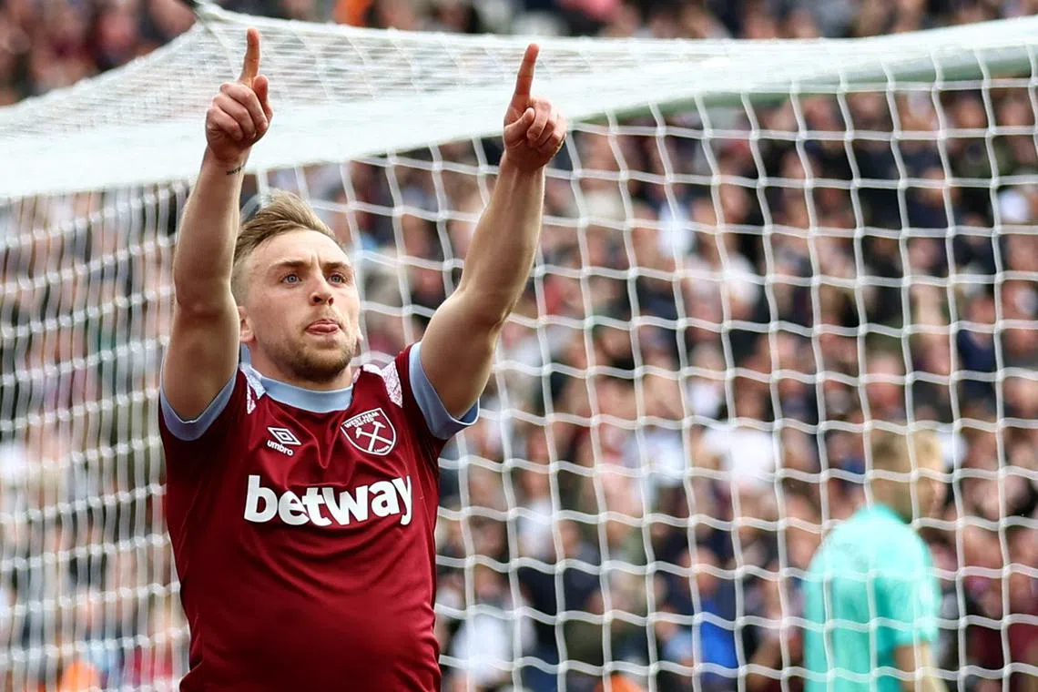 West Ham United's Jarrod Bowen celebrates scoring their second goal in the 2-2 draw with Arsenal.