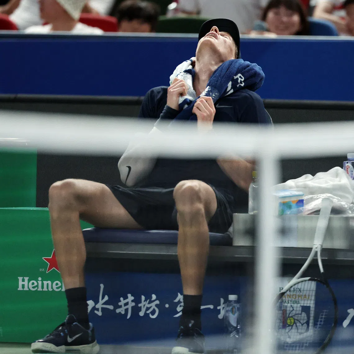 Tennis - ATP Masters 1000 - Shanghai Masters - Qizhong Forest Sports City Arena, Shanghai, China - October 5, 2025 Italy's Jannik Sinner reacts during his round of 32 match against Netherlands' Tallon Griekspoor REUTERS/Go Nakamura