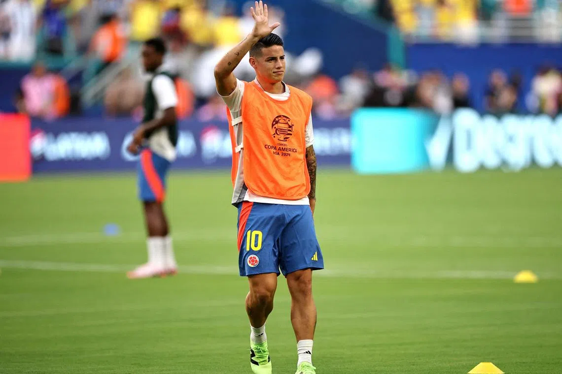 FILE PHOTO: Soccer Football - Copa America 2024 - Final - Argentina v Colombia - Hard Rock Stadium, Miami, Florida, United States - July 14, 2024 Colombia's James Rodriguez during the warm up before the match REUTERS/Agustin Marcarian/File Photo