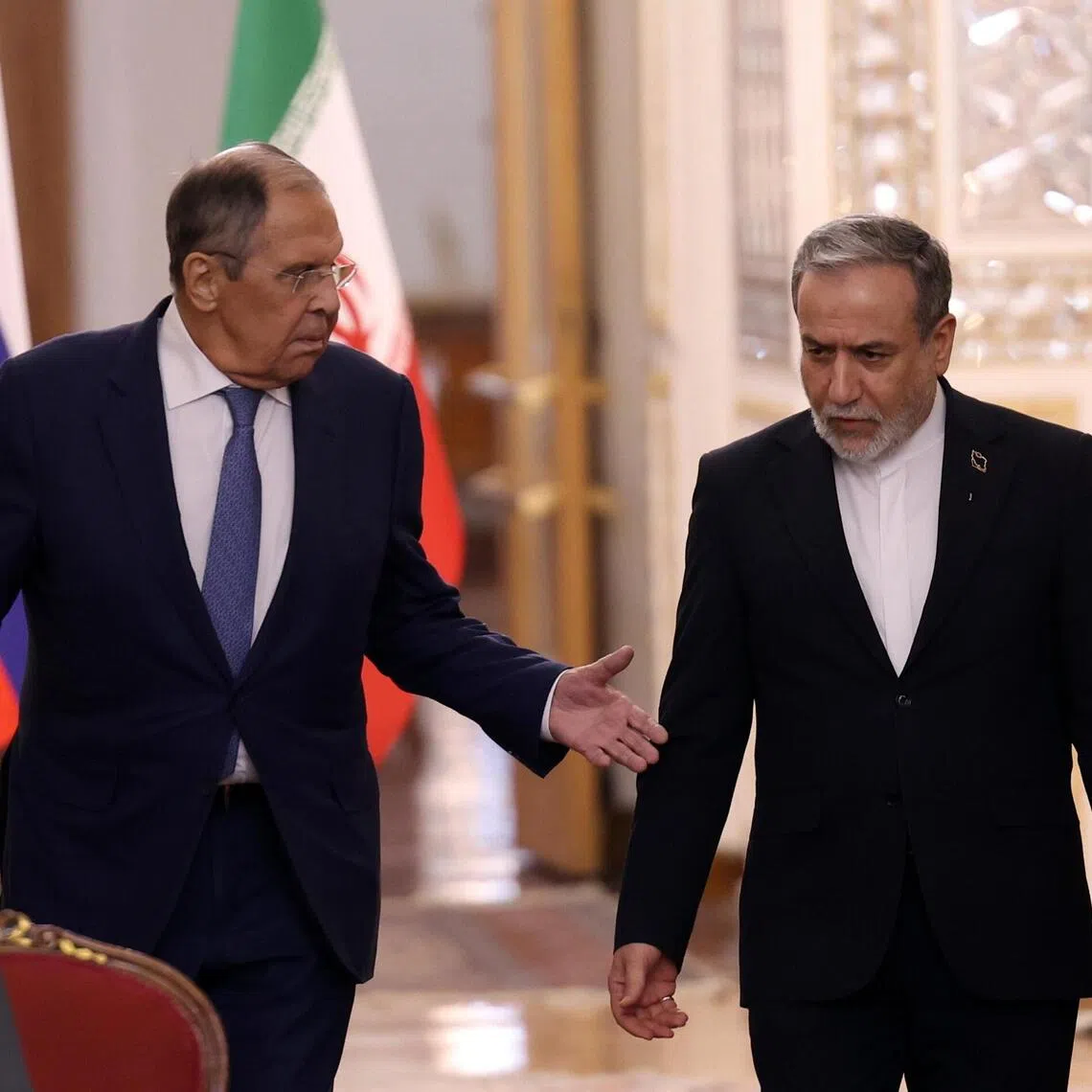 Russian Foreign Minister Sergei Lavrov (left) and his Iranian counterpart Abbas Araghchi at a joint press conference in Tehran on Oct 19.