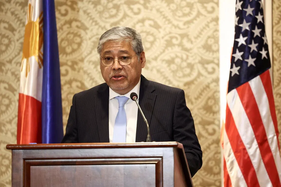 FILE PHOTO: Philippines' Secretary of Foreign Affairs Enrique Manalo speaks during a joint press conference with U.S. Secretary of State Antony Blinken during his working visit in Manila, Philippines, March 19, 2024. REUTERS/Eloisa Lopez/File Photo