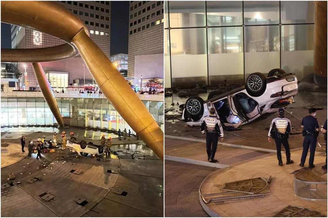 Photos of the Suntec City accident posted on social media show an overturned light-coloured car, with debris scattered in the vicinity.