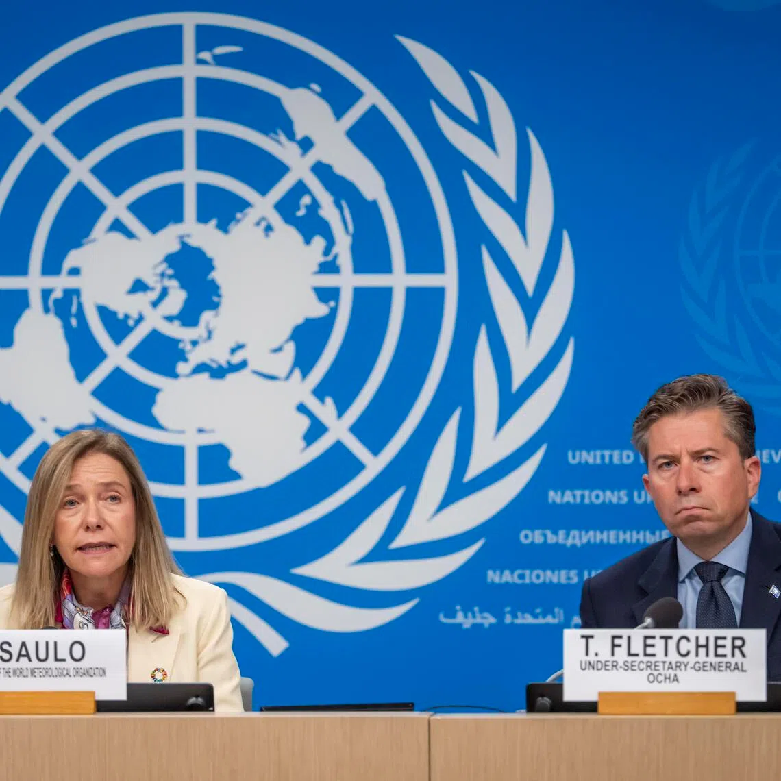UN officials Celeste Saulo (left) and Tom Fletcher speaking at an El Nino press briefing on Oct 21, in Geneva, Switzerland.