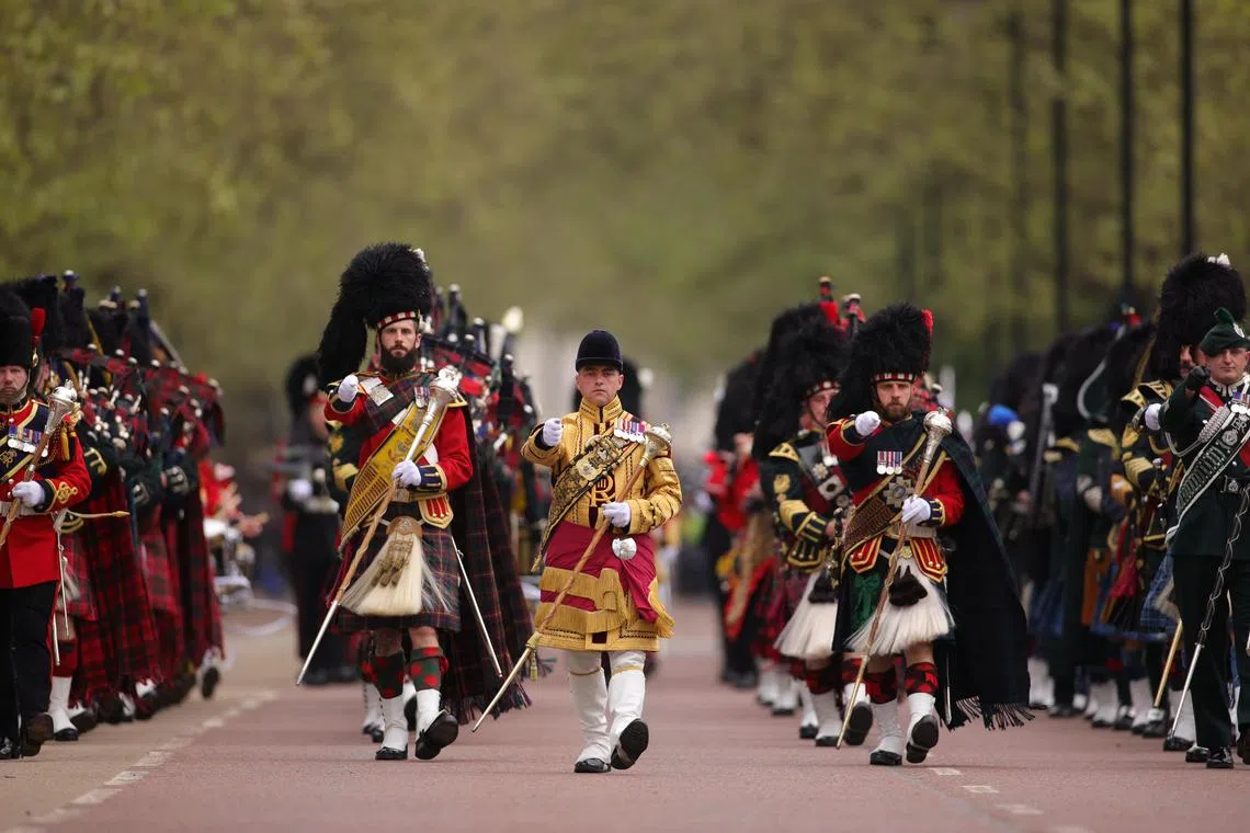 British Ministry of Defence showing an army contingent marching towards their positions ahead of the coronation ceremony of King Charles lll in London, Britain, 06 May 6, 2023.  