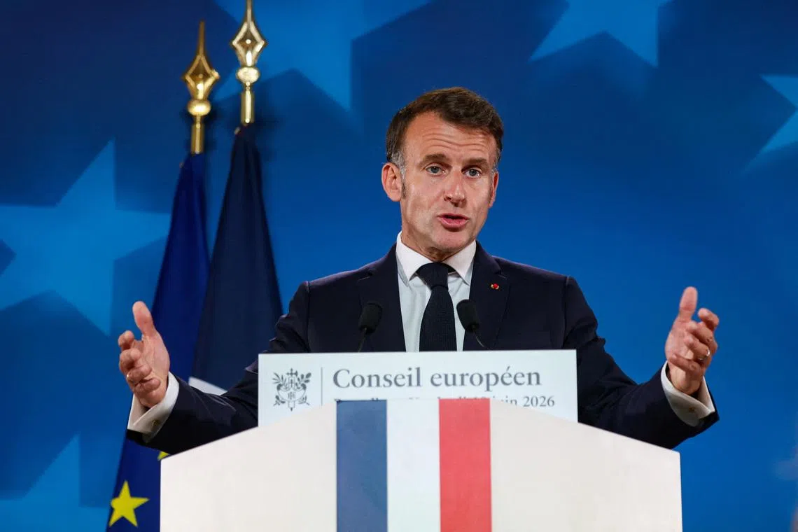 French President Emmanuel Macron speaks to the media following a European Union leaders'summit in Brussels, Belgium, June 19, 2026. REUTERS/Laia Ros