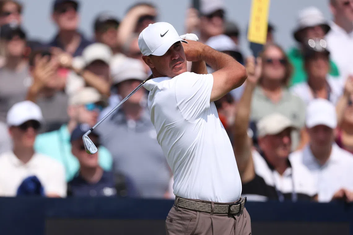 Jul 17, 2026; Southport, ENG; Brooks Koepka watches his shot from the ninth tee during the second round of The Open Championship golf tournament at Royal Birkdale. Mandatory Credit: Bill Streicher-Imagn Images