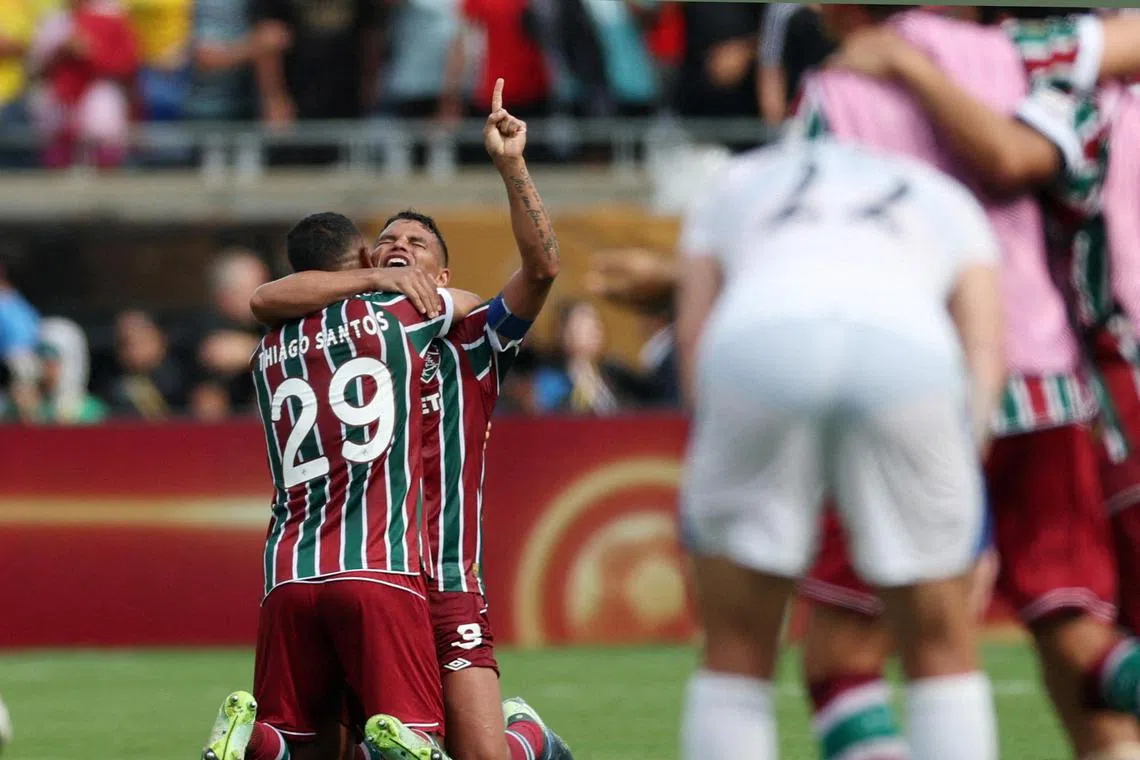 Fluminense's Thiago Santos and Thiago Silva celebrating after a 2-1 Club World Cup quarter-final win over Al-Hilal at Camping World Stadium, Orlando, on July 4, 2025.