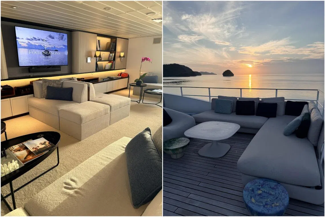 Plush communal spaces on the Four Seasons Explorer, which is billed as a floating hotel.
