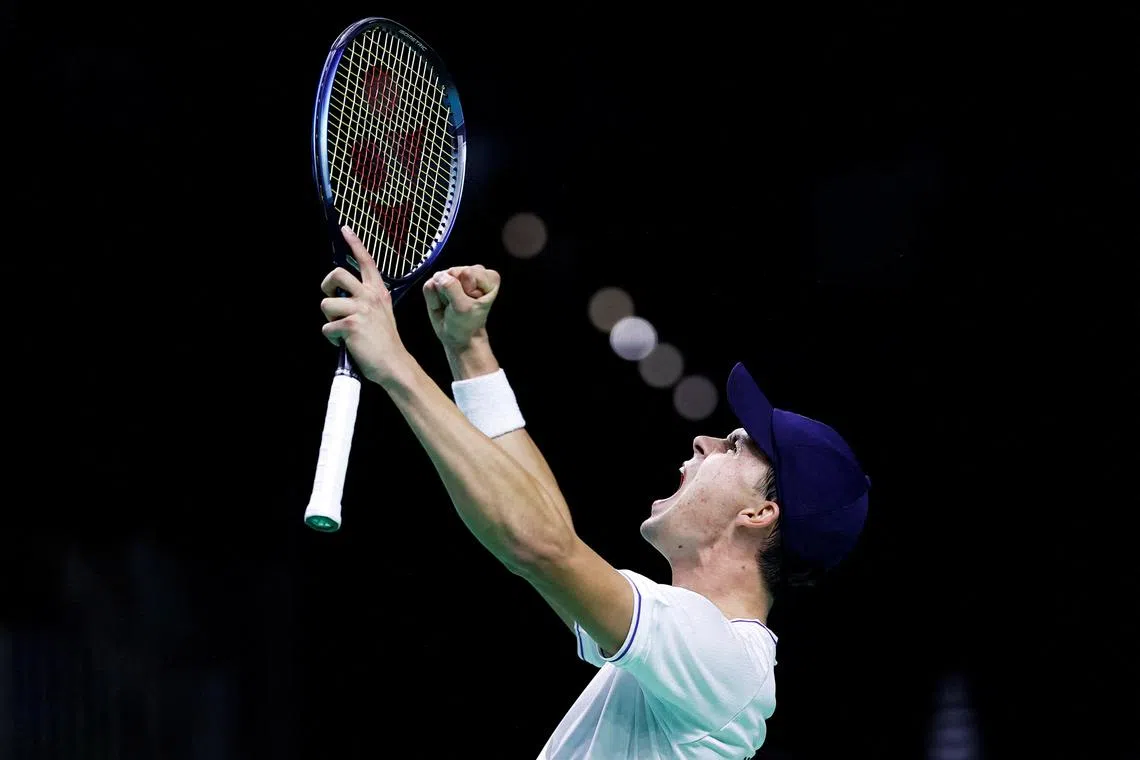 Tennis - Davis Cup Finals - Quarter Final - Germany v Canada - Palacio de Deportes Jose Maria Martin Carpena Arena, Malaga, Spain - November 20, 2024   Germany's Daniel Altmaier celebrates after winning his match against Canada's Gabriel Diallo REUTERS/Juan Medina