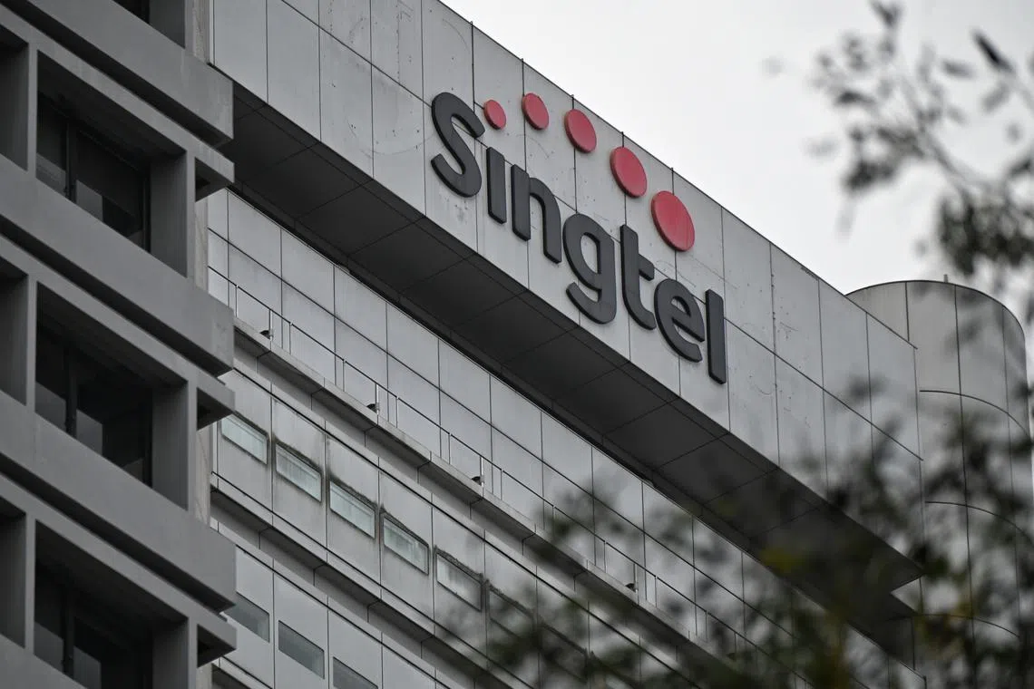 Singtel logo on the facade of the Singtel Pickering Operation Complex on Feb 9, 2022.